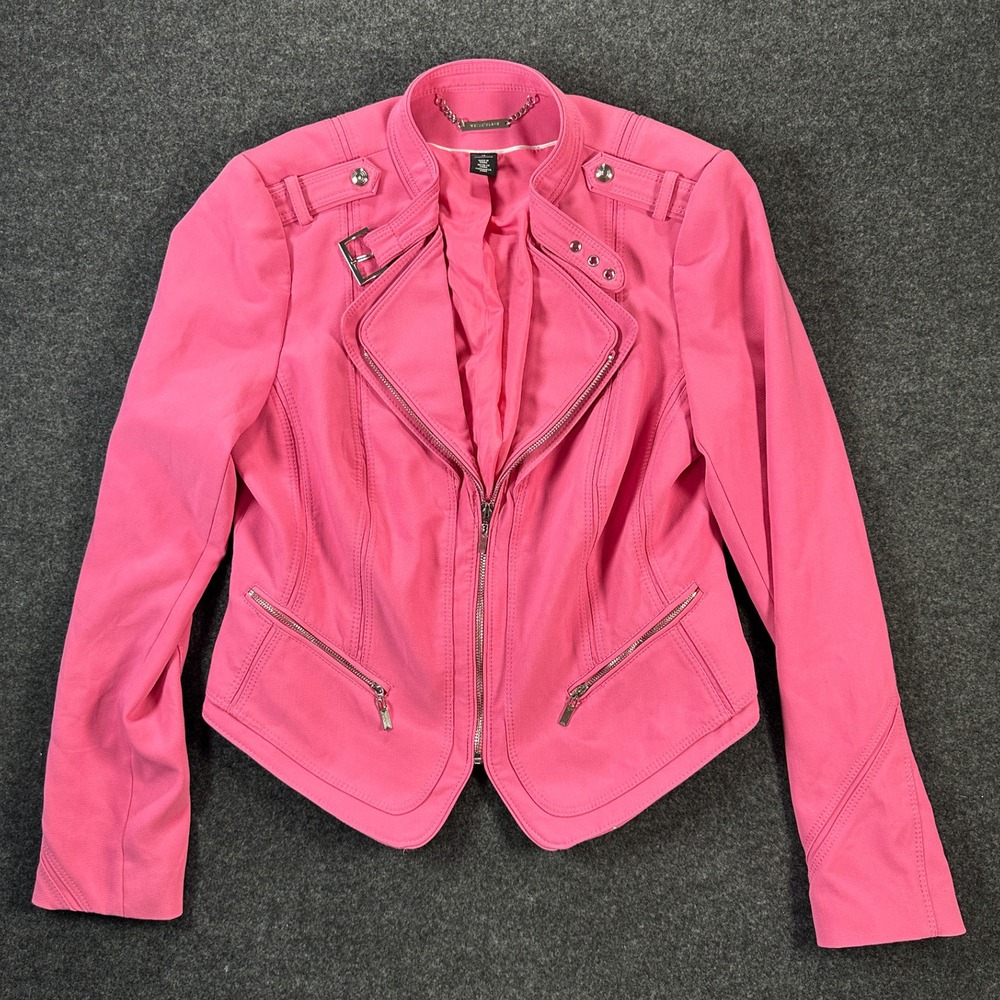 White House Black Market Pink Moto Jacket Size 12 Full Zip Stretch Epaulettes